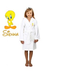 Yellow Bird Cartoon Design & Custom Name Embroidery on Kids Hooded Bathrobe